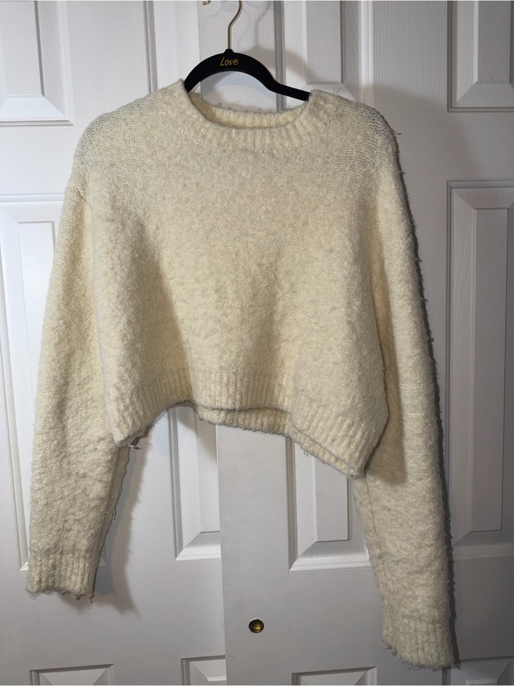 Cream Cropped Crewneck Sweater - Soft Textured Knit